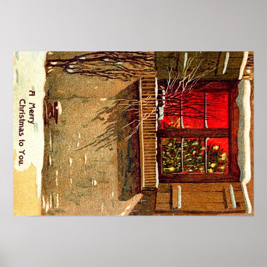 Winter-Hütte Weihnachtsbaumfenster bei Kerzenlicht Poster (Vorne)