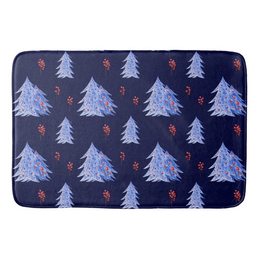 Winter Ice Blue Tree Holly Berries Navy Weihnachte Badematte (Vorderseite)