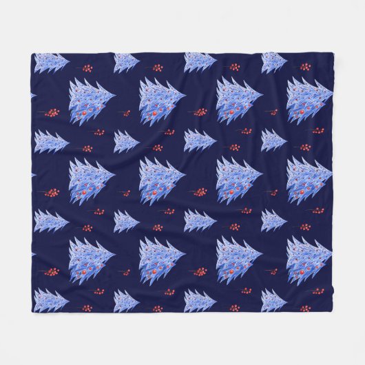 Winter Ice Blue Tree Holly Berries Navy Weihnachte Fleecedecke (Vorderseite (Horizontal))