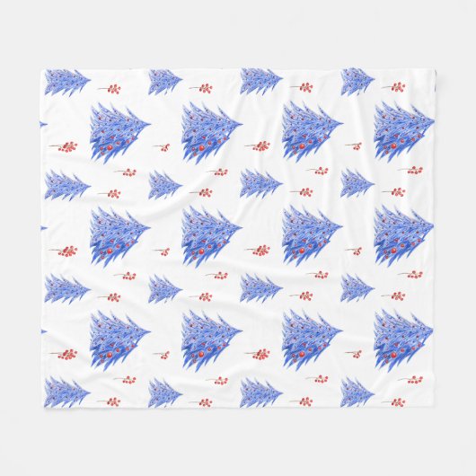 Winter Ice Blue Tree Holly Berries Weißes Weihnach Fleecedecke (Vorderseite (Horizontal))