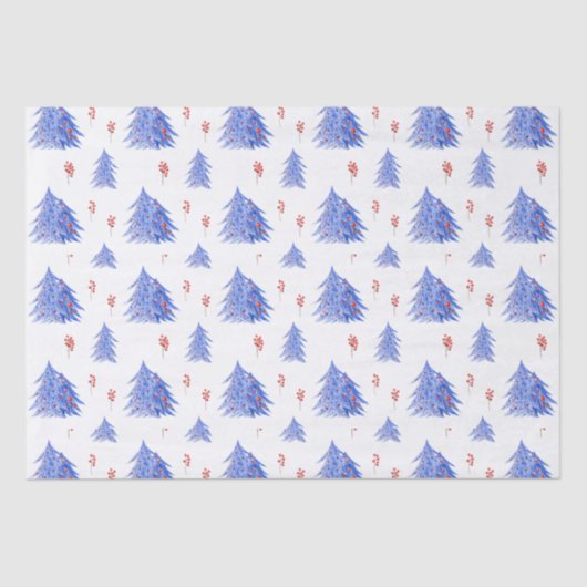 Winter Ice Blue Tree Holly Berries Weißes Weihnach Seidenpapier (Vorderseite)