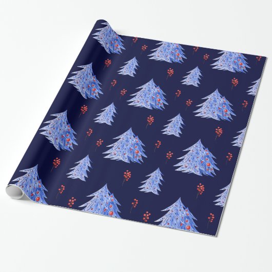Winter Ice Blue Trees Holly Berries Navy Weihnacht Geschenkpapier (Ungerollt)