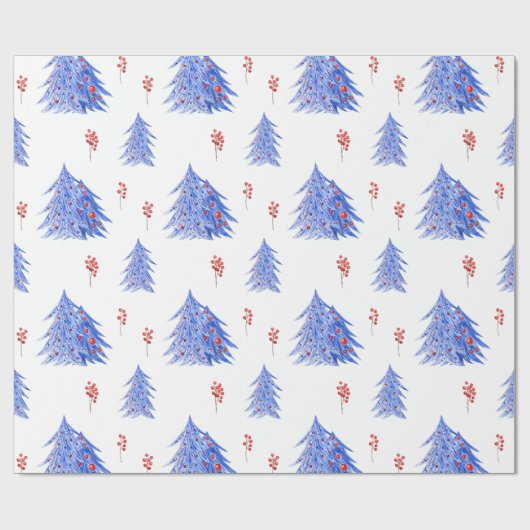 Winter Ice Blue Trees Holly Berries Weihnachten Geschenkpapier (Flach)