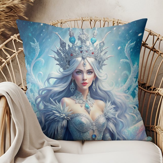 Winter Ice Queen Fantasy Art Throw Pillow Kissen (Winter Ice Queen Fantasy Art Throw Pillow in a boho rattan armchair.)