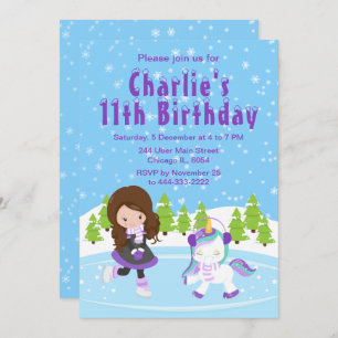 Winter Ice Skaten Birthday Brown Hair Girl Invita Einladung