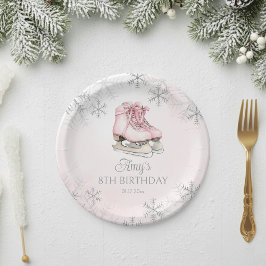 Winter Ice Skating Birthday Pink Silver Snowflakes Pappteller