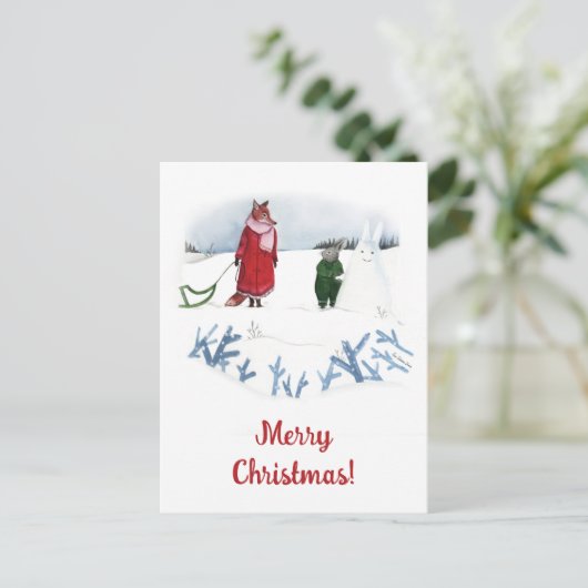 Winter-Illustration Fox und Kaninchen Weihnachten Postkarte (Stehend Vorderseite)