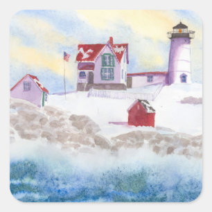 Winter im Nubble LIghthouse am Maine Square Sticke Quadratischer Aufkleber