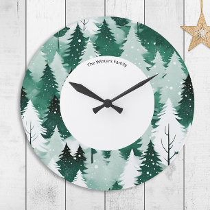 Winter Immergrüner Wald Schnee Bäume Personalisier Große Wanduhr