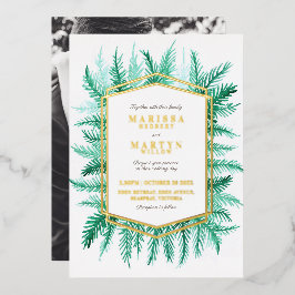 Winter immergrünes Aquarell Hochzeitsgold Folieneinladung