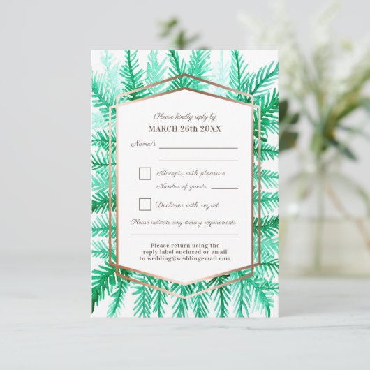 Winter immergrünes Blattwerk Aquarell Grüne Hochze RSVP Karte (Stehend Vorderseite)
