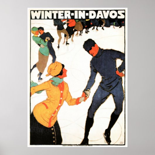 WINTER IN DAVOS Schweizer Ice Skaten Vintager Ski Poster (Vorne)