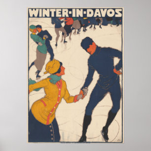 Winter in Davos Vintage Schweiz Skifahren Poster