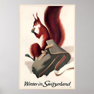 Winter in der Schweiz Eichhörnchen Vintage Reise Poster