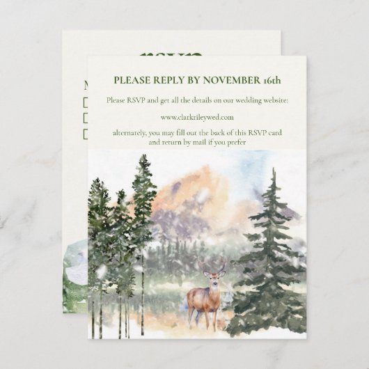 Winter in Evergreen Forest RSVP Card Ankündigung (Vorne/Hinten)