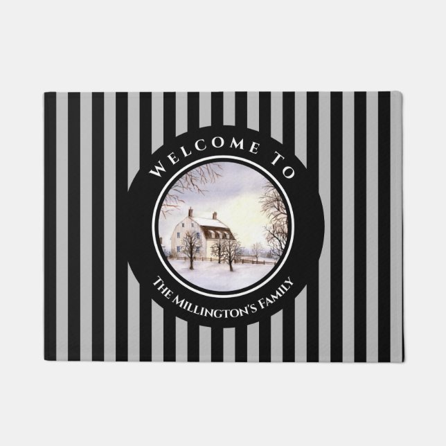 Winter in Neuengland Weihnachts Schwarzer grauer K Fußmatte (Vorderseite)