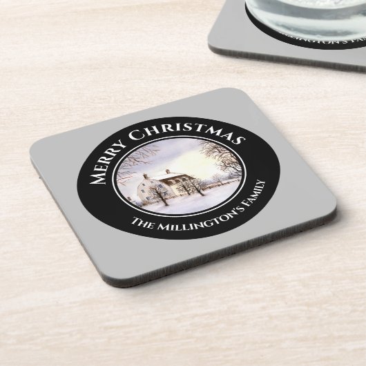 Winter in Neuengland Weihnachts Schwarzer grauer K Getränkeuntersetzer (Linke Seite)