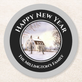 Winter in Neuengland Weihnachts Schwarzer grauer K Runder Pappuntersetzer