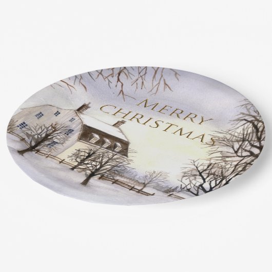 Winter in New England Aquarellmalerei Pappteller (Schrägansicht)