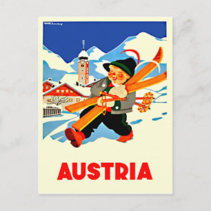 Winter in Österreich. Der glückliche Mann fährt Sk Postkarte