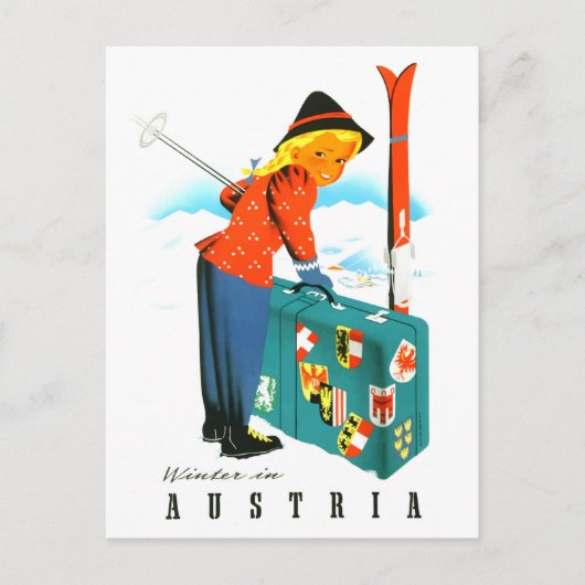 Winter in Österreich, Ski-Girl mit großem Koffer Postkarte (Vorderseite)