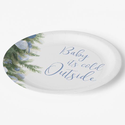 Winter It's Cold Outside Blue Bow Baby Shower Pappteller (Schrägansicht)