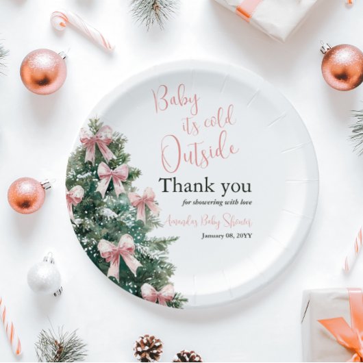 Winter It's Cold Outside Pink Bow Girl Baby Shower Pappteller