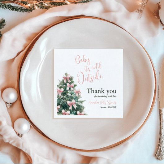 Winter It's Cold Outside Pink Bow Girl Baby Shower Serviette