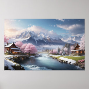Winter Japanischer Sakura Baum mit Bergblick Poster