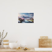 Winter Japanischer Sakura Baum mit Bergblick Poster (Küche)