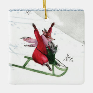 Winter Joy Fox Rabbit Roboggange Urlaub Keramikornament