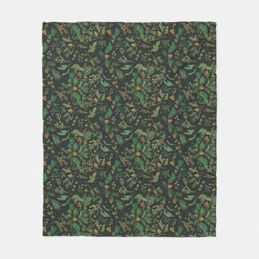 Winter Juniper Pine auf schwarzem Background Blank Fleecedecke (Vorderseite)