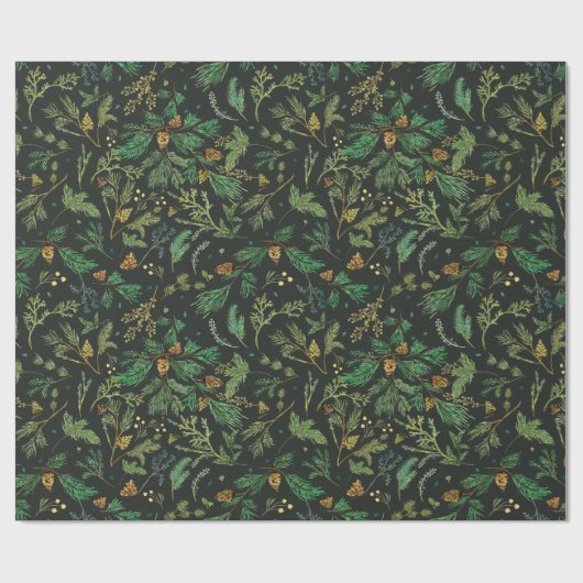 Winter Juniper Pine Gift Wrap auf schwarzem Hinter Geschenkpapier (Flach)