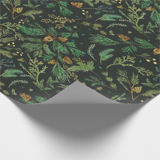Winter Juniper Pine Gift Wrap auf schwarzem Hinter Geschenkpapier (Ecke)