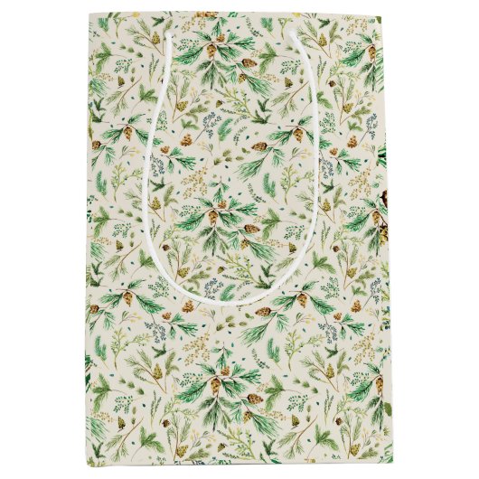 Winter Juniper Pine on Off White Gift Bag Mittlere Geschenktüte (Vorderseite)