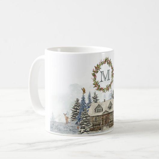 Winter-Kabinen-Waldtiere mit Monogramm Kaffeetasse (Vorderseite Links)