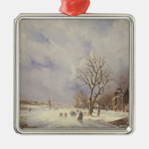 Winter-Kanal-Szene, 19. Jahrhundert Silbernes Ornament