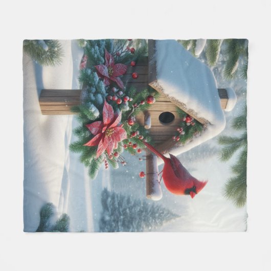 Winter Kardinal auf einem festlichen Geburtshaus Fleecedecke (Vorderseite (Horizontal))