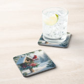 Winter Kardinal auf einem festlichen Geburtshaus Getränkeuntersetzer (Rechte Seite)