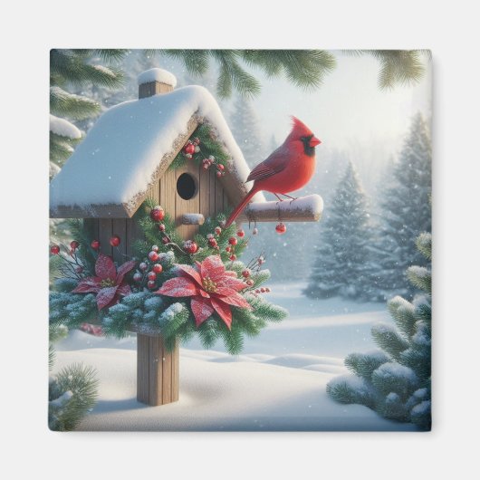Winter Kardinal auf einem festlichen Geburtshaus Magnet (Vorne)