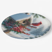 Winter Kardinal auf einem festlichen Geburtshaus Pappteller (Schrägansicht)