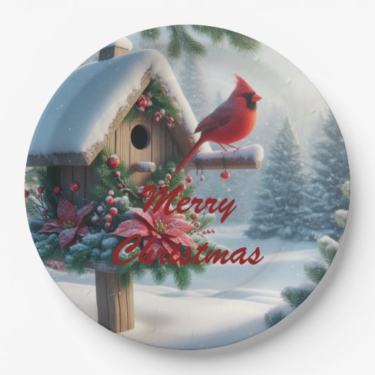 Winter Kardinal auf einem festlichen Geburtshaus Pappteller (Vorderseite)