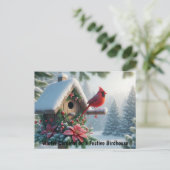 Winter Kardinal auf einem festlichen Geburtshaus Postkarte (Stehend Vorderseite)