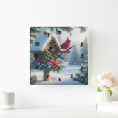 Winter Kardinal auf einem festlichen Geburtshaus Quadratische Wanduhr (Zuhause)