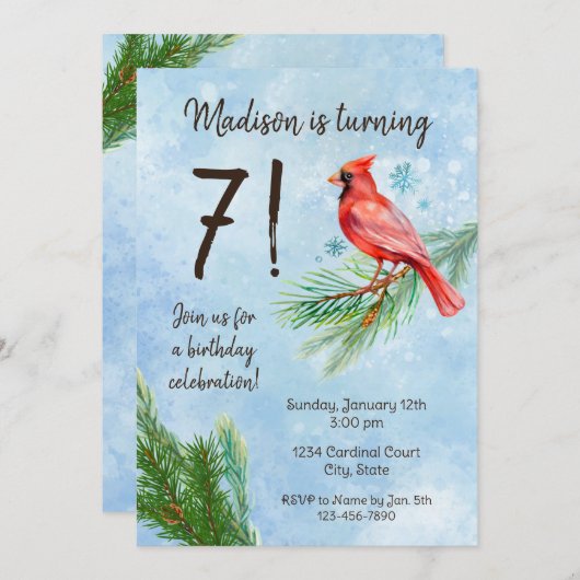 Winter Kardinal Geburtstagseinladung Einladung (Vorne/Hinten)