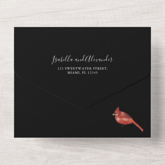 Winter Kardinal Hochzeit in einer Einladung (Rückseite)