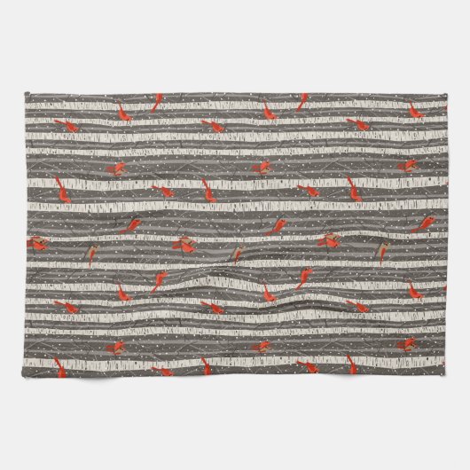 Winter-Kardinal in Birkenbäumen Geschirrtuch (Horizontal)