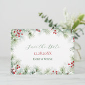 Winter-Kiefer- und Rotbeer-Hochzeit Save The Date (Stehend Vorderseite)
