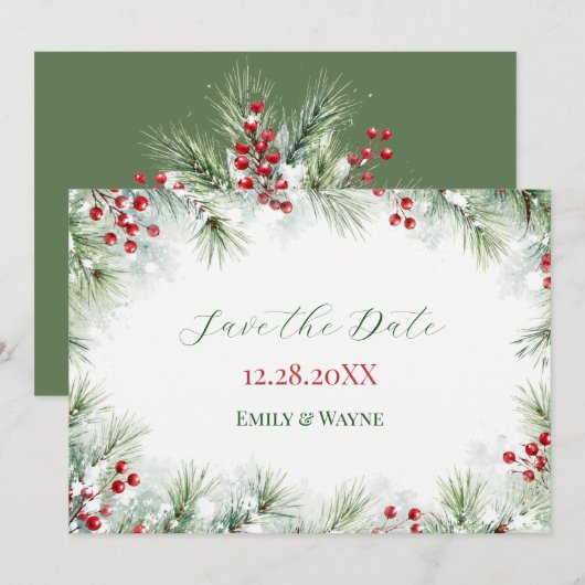 Winter-Kiefer- und Rotbeer-Hochzeit Save The Date (Vorne/Hinten)