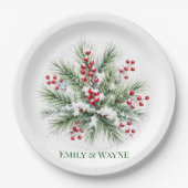 Winter-Kiefer- und Rote-Beeren-Hochzeit Pappteller (Vorderseite)